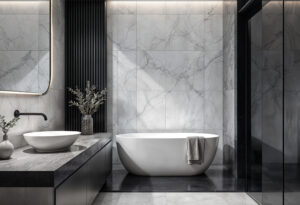 modern bathroom with marble tiles white bathtub